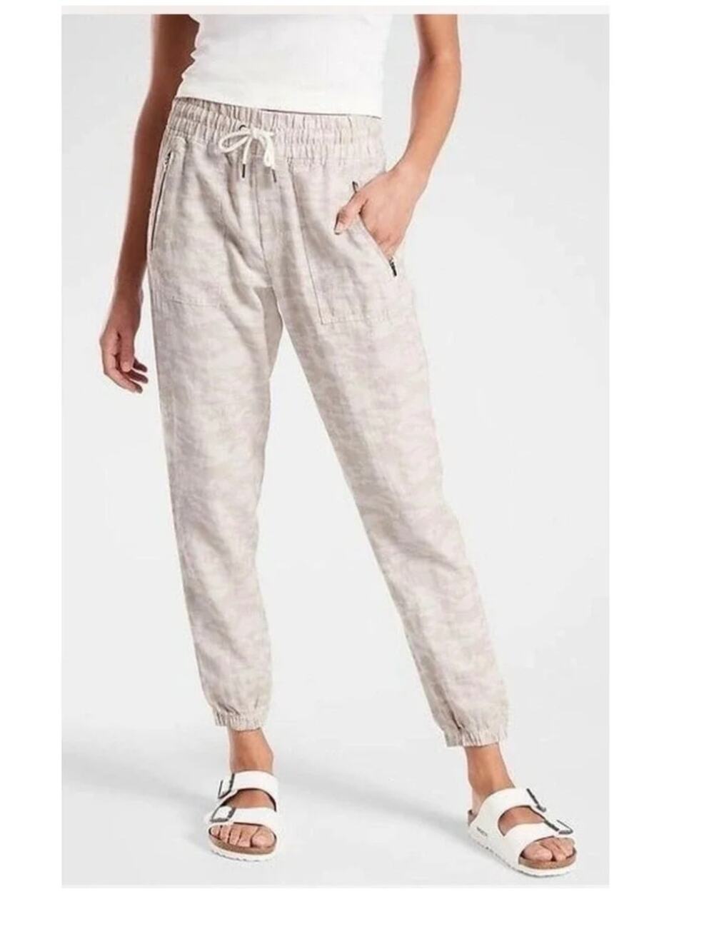 Athleta Cabo Tide Linen Jogger Cream Camo Size 8